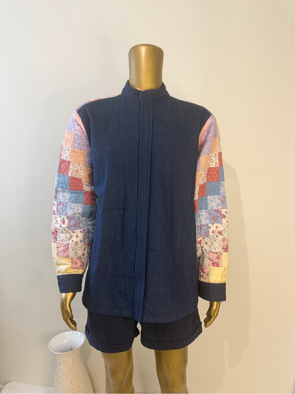Navy Lightweight Jacket with Quilted Patchwork Sleeves